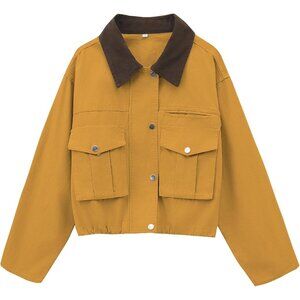 Women Yellow Cropped Utility Cargo Coat Contrast Collar Barn Outwear